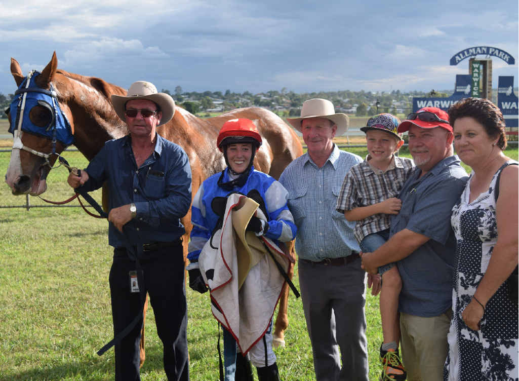 Ollie Runs Riot with his connections including jockey Hannah Phillips, trainer Les Clarke and owners Max, Bevan and Natalie Henningsen. Ollie Runs Riot with his connections including jockey Hannah Phillips, trainer Les Clarke and owners Max, Bevan and Natalie Henningsen.